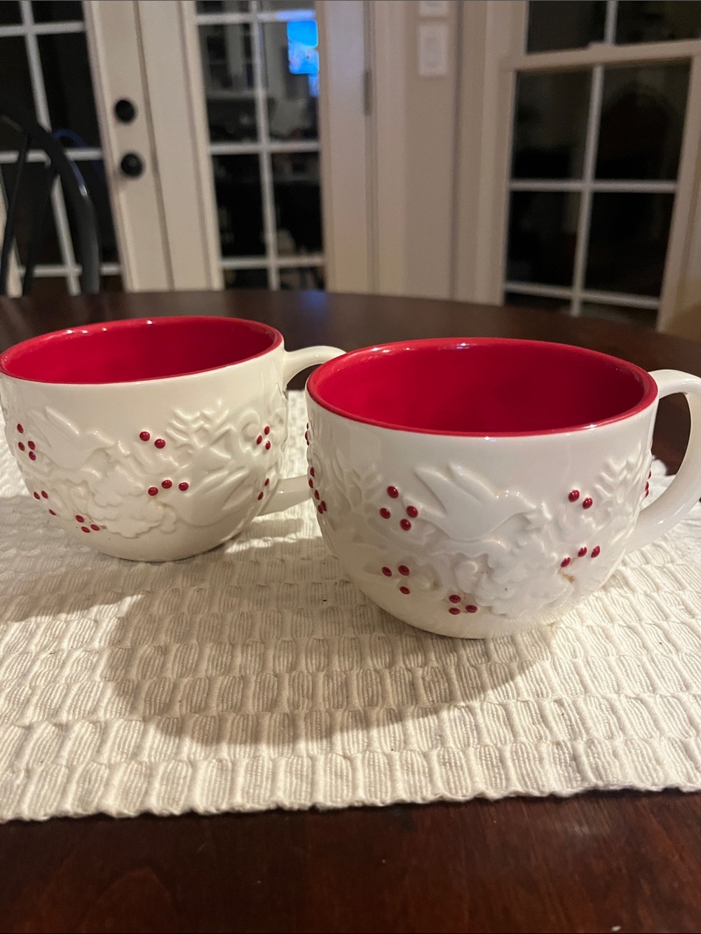 Starbucks White Ceramic Mugs with Red Interior and Berry Detail - Set of 2